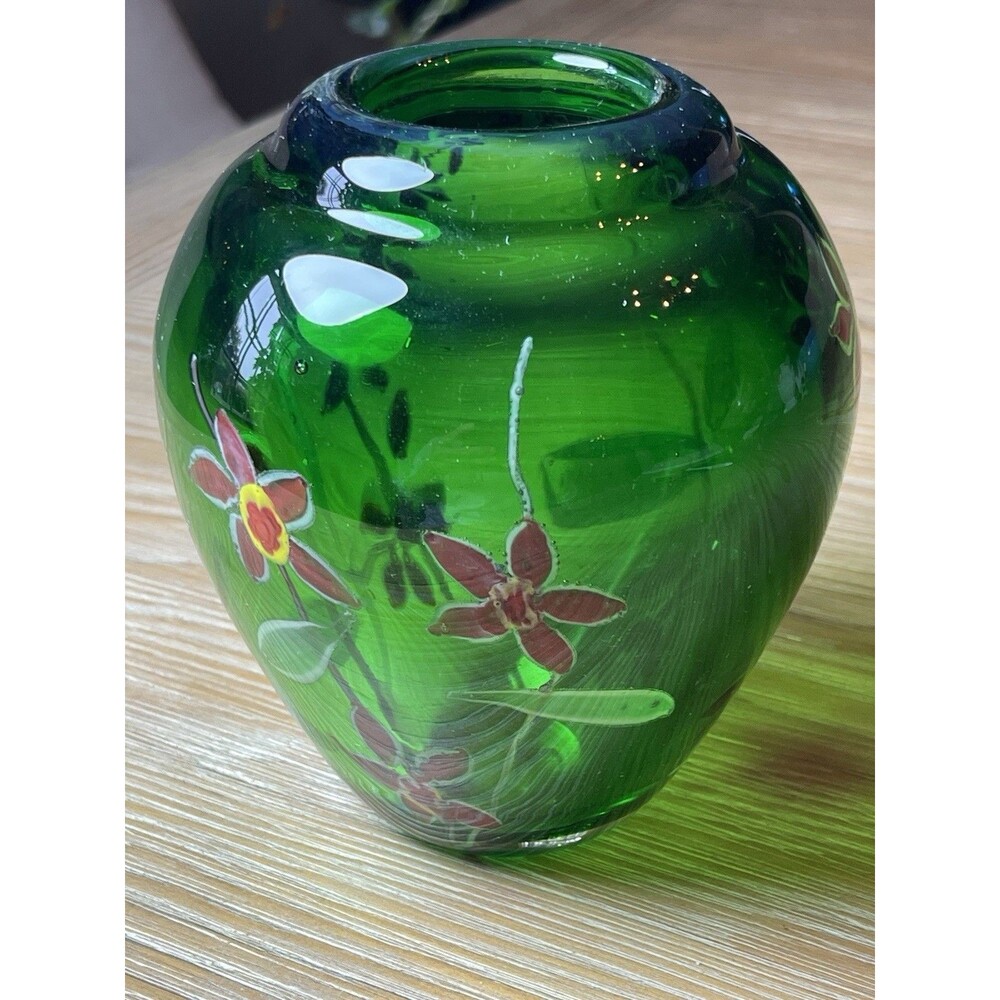 Vintage Murano Art Glass Vase Sommerso Flowers Emerald Green MCM Paperweight 6”